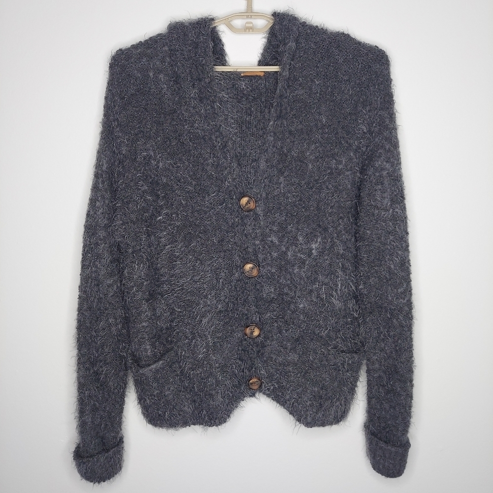 POL Hooded  Button Cardigan Sweater Womens Large Gray Chunky Knit V-Neck Pocket
